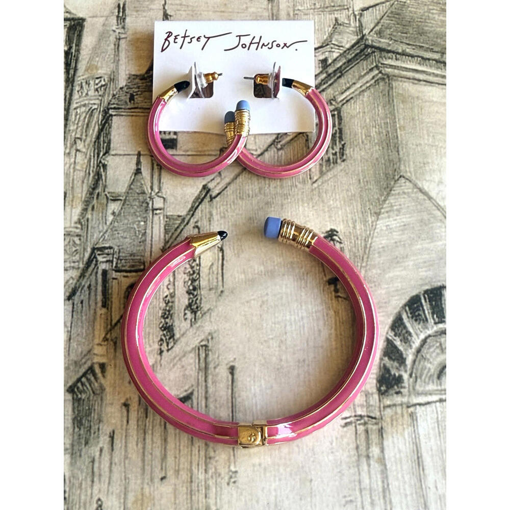 NWT Betsey Johnson Back to School Pink Pencil Bracelet Earrings Set Teacher Gift